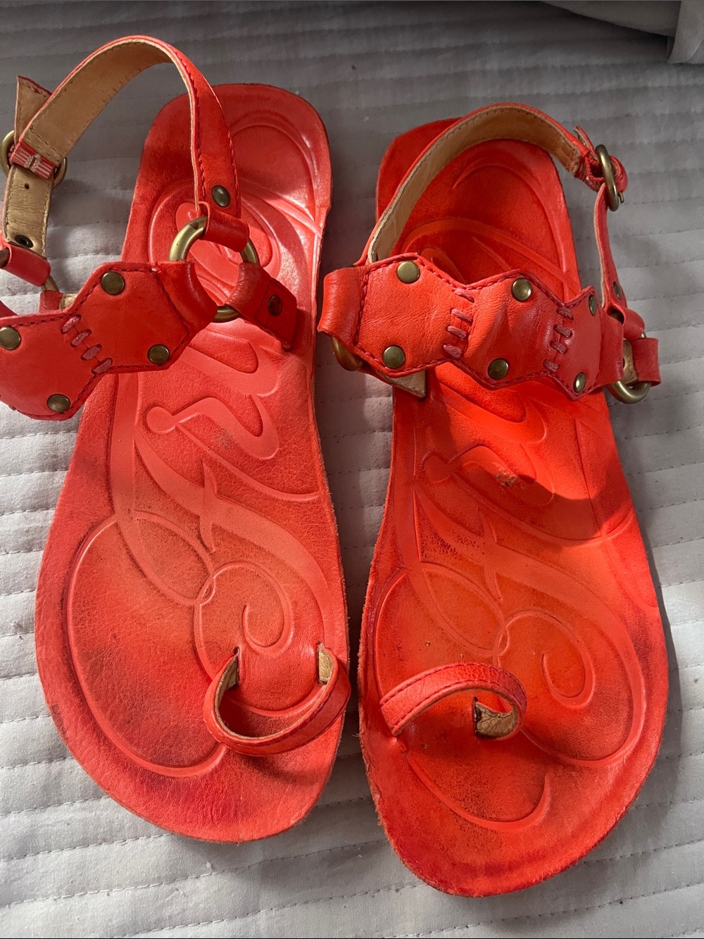 Frye Vibrant Orange Leather Toe-Ring Sandals with Brass Hardware